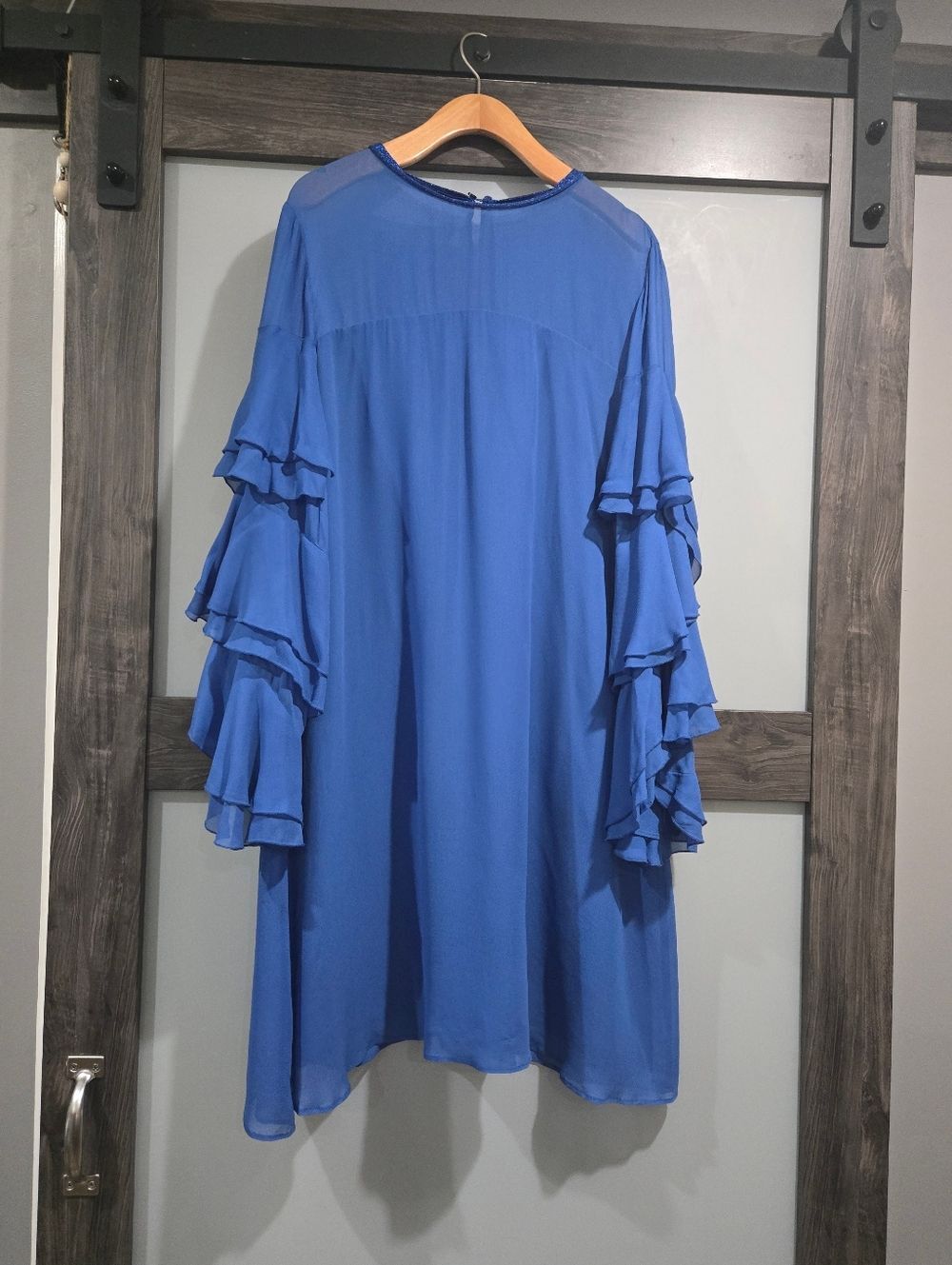 Atos Lombardini Blue Sheer Chiffon Ruffle Sleeve Dress Size 44 Made in Italy